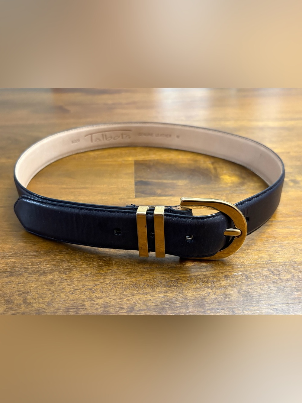 Talbots Women’s Leather Belt Navy Blue Solid w/ Gold-toned Brass Buckle Sz M